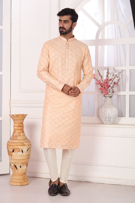 Shop_Arihant Rai Sinha_Peach Silk Embroidery Kurta Set 