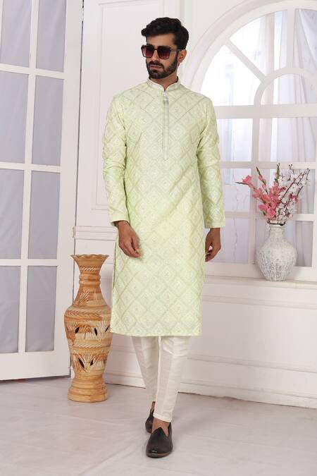 Arihant Rai Sinha_Green Silk Embroidery Pista Kurta Set _at_Aza_Fashions