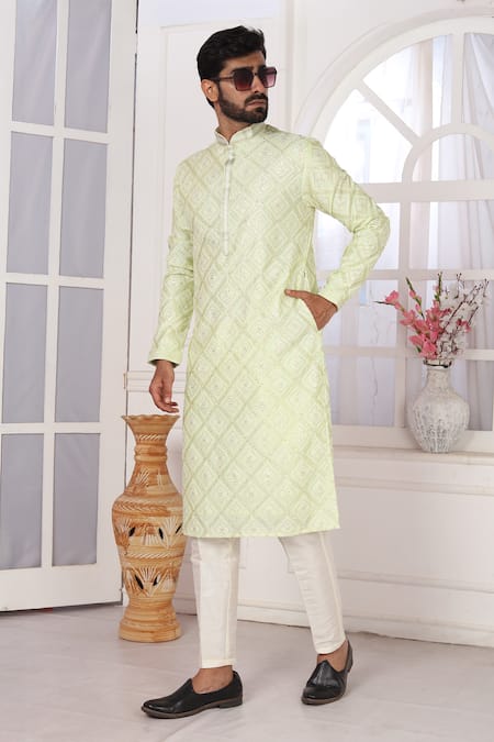 Buy_Arihant Rai Sinha_Green Silk Embroidery Pista Kurta Set 