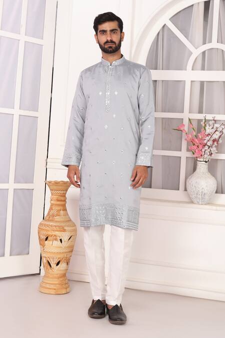 Shop_Arihant Rai Sinha_Gray Silk Embroidery Art Straight Kurta _Online_at_Aza_Fashions