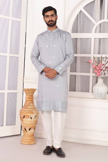Arihant Rai Sinha_Gray Silk Embroidery Art Straight Kurta _at_Aza_Fashions