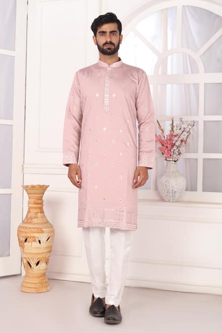 Arihant Rai Sinha_Pink Silk Embroidery Art Straight Kurta _Online_at_Aza_Fashions