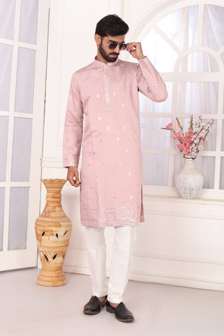 Buy_Arihant Rai Sinha_Pink Silk Embroidery Art Straight Kurta _Online_at_Aza_Fashions