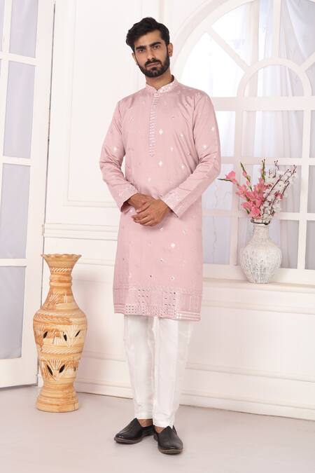 Shop_Arihant Rai Sinha_Pink Silk Embroidery Art Straight Kurta _Online_at_Aza_Fashions