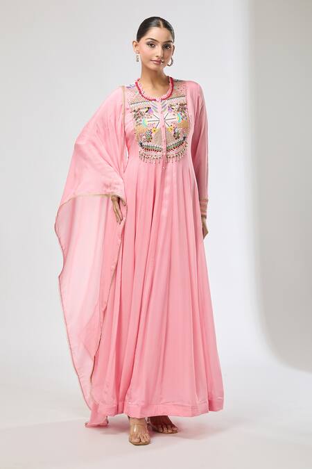 Aksh_Pink Chiffon Beads Round Neck Embroidered Anarkali Set_at_Aza_Fashions
