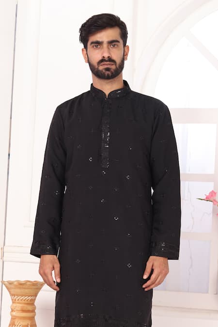 Buy_Arihant Rai Sinha_Black Silk Embroidery Art Straight Kurta _Online_at_Aza_Fashions