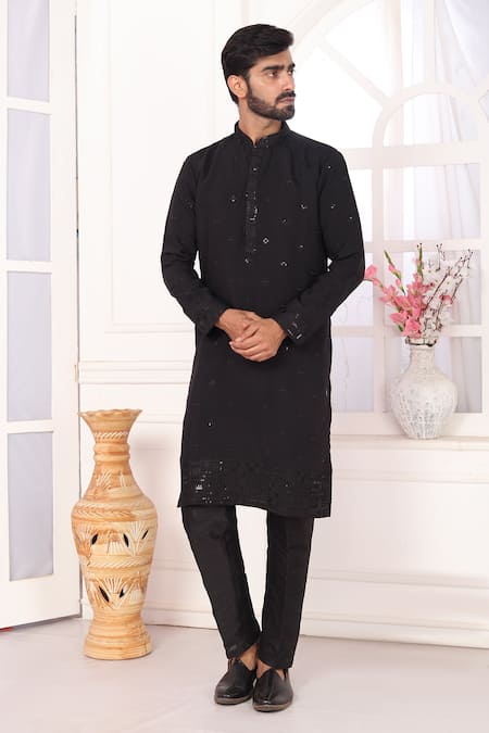 Shop_Arihant Rai Sinha_Black Silk Embroidery Art Straight Kurta _Online_at_Aza_Fashions