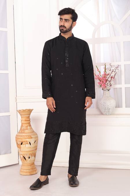 Arihant Rai Sinha_Black Silk Embroidery Art Straight Kurta _at_Aza_Fashions