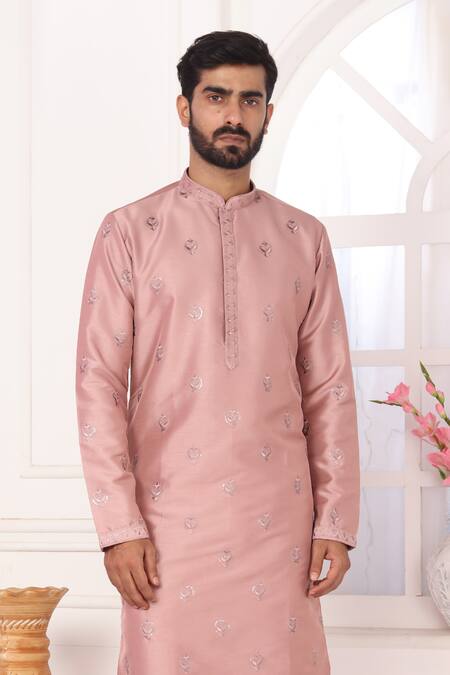 Arihant Rai Sinha_Pink Silk Embroidery Art Straight Kurta _Online_at_Aza_Fashions