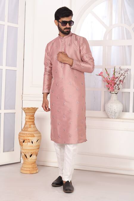 Shop_Arihant Rai Sinha_Pink Silk Embroidery Art Straight Kurta _Online_at_Aza_Fashions