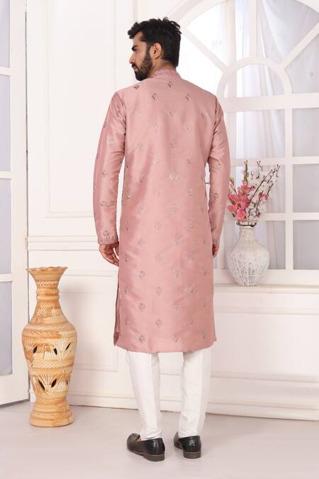 Shop_Arihant Rai Sinha_Pink Silk Embroidery Art Straight Kurta _at_Aza_Fashions