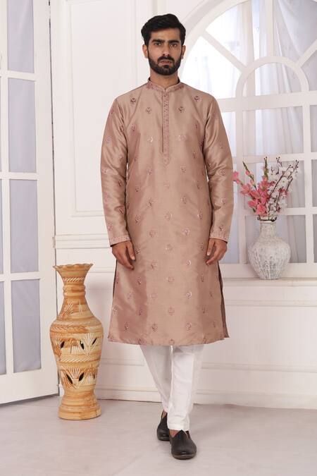 Shop_Arihant Rai Sinha_Brown Silk Embroidery Art Straight Kurta _Online_at_Aza_Fashions