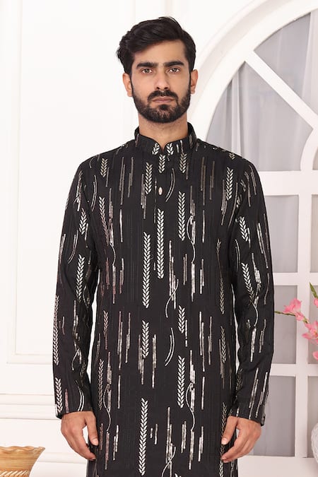 Arihant Rai Sinha_Black Silk Embroidery Art Straight Kurta _Online_at_Aza_Fashions