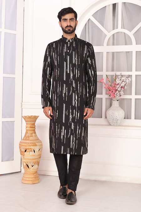 Buy_Arihant Rai Sinha_Black Silk Embroidery Art Straight Kurta _Online_at_Aza_Fashions