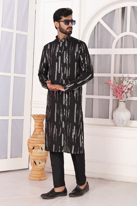 Shop_Arihant Rai Sinha_Black Silk Embroidery Art Straight Kurta _Online_at_Aza_Fashions