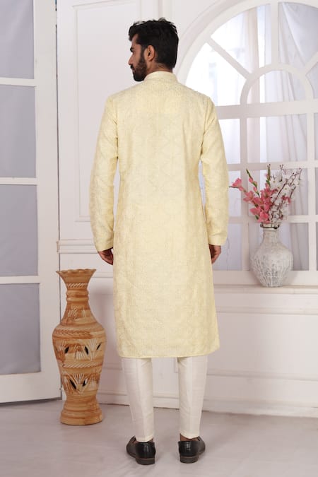 Shop_Arihant Rai Sinha_Yellow Silk Embroidery Art Straight Kurta _at_Aza_Fashions