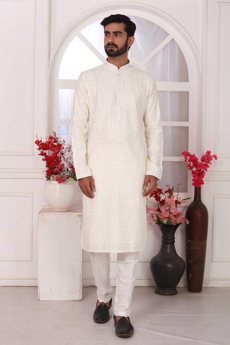 Shop_Arihant Rai Sinha_Cream Silk Embroidery Kurta Set _Online_at_Aza_Fashions