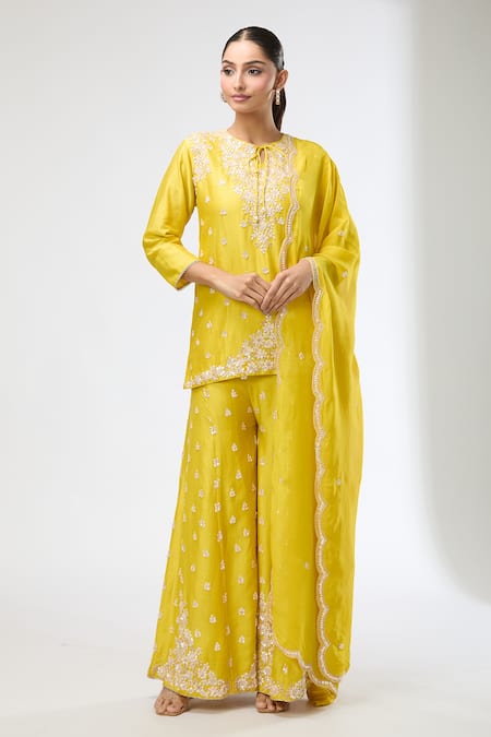 Buy_Aksh_Yellow Chanderi, Organza Embroidery Round Neck Hand Kurta Set