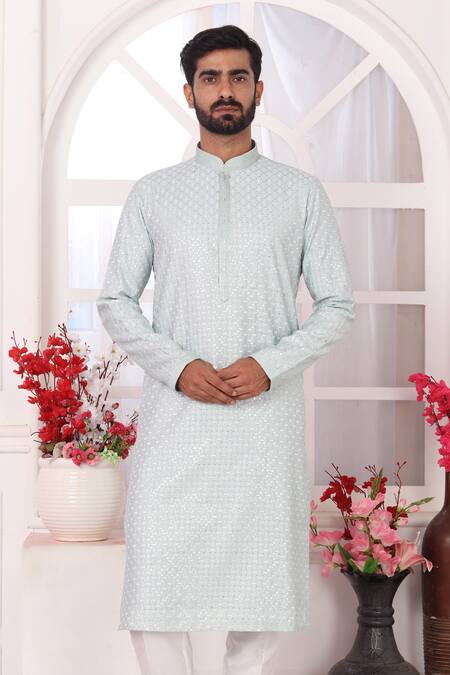 Arihant Rai Sinha_Mint Silk Embroidery Green Kurta Set _at_Aza_Fashions