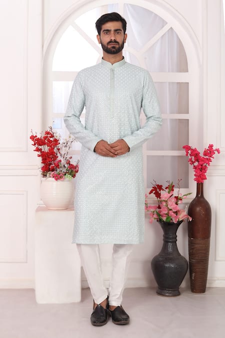 Shop_Arihant Rai Sinha_Mint Silk Embroidery Green Kurta Set 