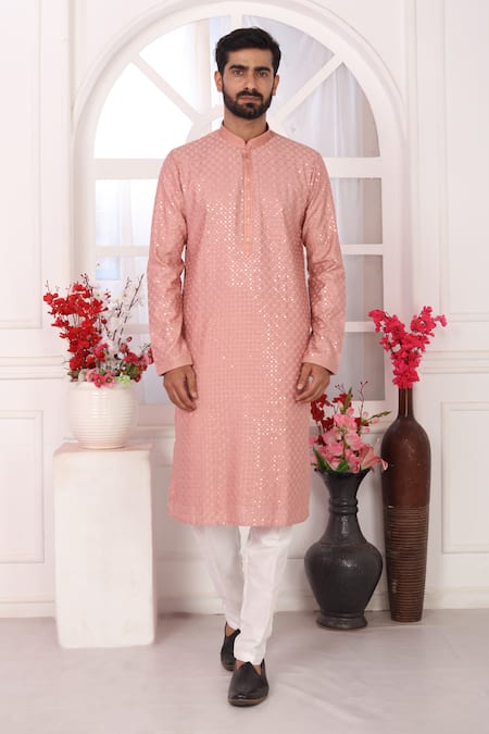 Buy_Arihant Rai Sinha_Peach Silk Embroidery Kurta Set With Aligadhi Pant _Online_at_Aza_Fashions
