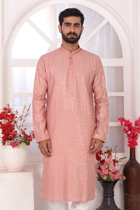 Shop_Arihant Rai Sinha_Peach Silk Embroidery Kurta Set With Aligadhi Pant _Online_at_Aza_Fashions