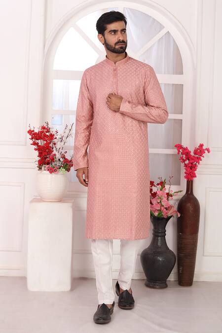 Arihant Rai Sinha_Peach Silk Embroidery Kurta Set With Aligadhi Pant _at_Aza_Fashions
