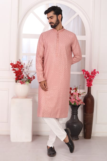 Buy_Arihant Rai Sinha_Peach Silk Embroidery Kurta Set With Aligadhi Pant 