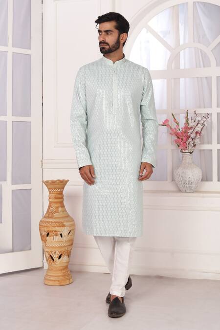 Arihant Rai Sinha_Mint Silk Embroidery Green Kurta Set _at_Aza_Fashions