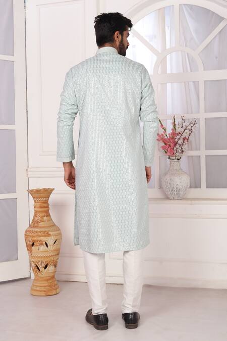 Shop_Arihant Rai Sinha_Mint Silk Embroidery Green Kurta Set _at_Aza_Fashions