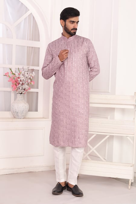 Shop_Arihant Rai Sinha_Lilac Silk Embroidery Art Kurta Set 