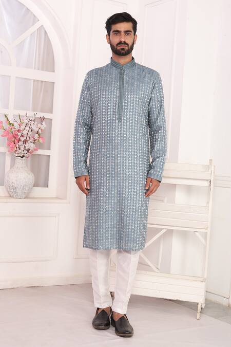 Buy_Arihant Rai Sinha_Gray Silk Embroidery Grey Kurta Set With Aligadhi Pant _Online_at_Aza_Fashions