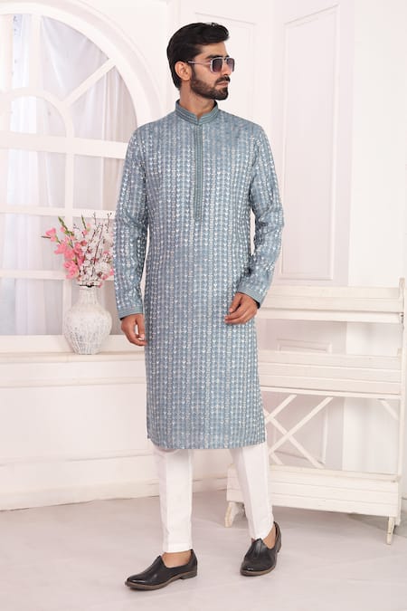 Shop_Arihant Rai Sinha_Gray Silk Embroidery Grey Kurta Set With Aligadhi Pant _Online_at_Aza_Fashions