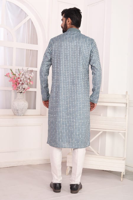 Shop_Arihant Rai Sinha_Gray Silk Embroidery Grey Kurta Set With Aligadhi Pant _at_Aza_Fashions