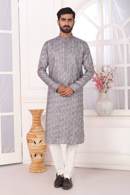 Arihant Rai Sinha_Gray Silk, Brocade Embroidery Grey Straight Kurta Set _Online_at_Aza_Fashions