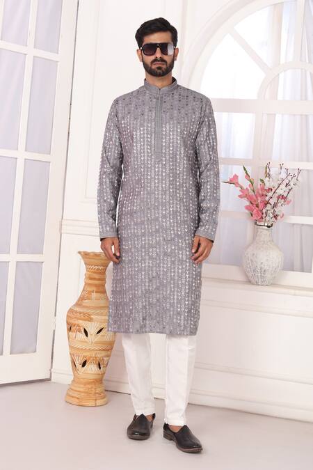 Shop_Arihant Rai Sinha_Gray Silk, Brocade Embroidery Grey Straight Kurta Set _Online_at_Aza_Fashions