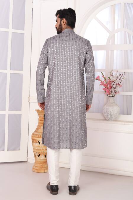 Shop_Arihant Rai Sinha_Gray Silk, Brocade Embroidery Grey Straight Kurta Set _at_Aza_Fashions