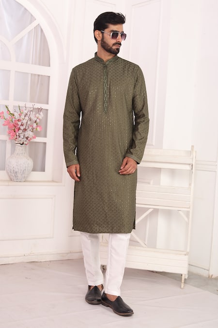 Buy_Arihant Rai Sinha_Green Silk Embroidery Kurta Set With Aligadhi Pant _Online_at_Aza_Fashions