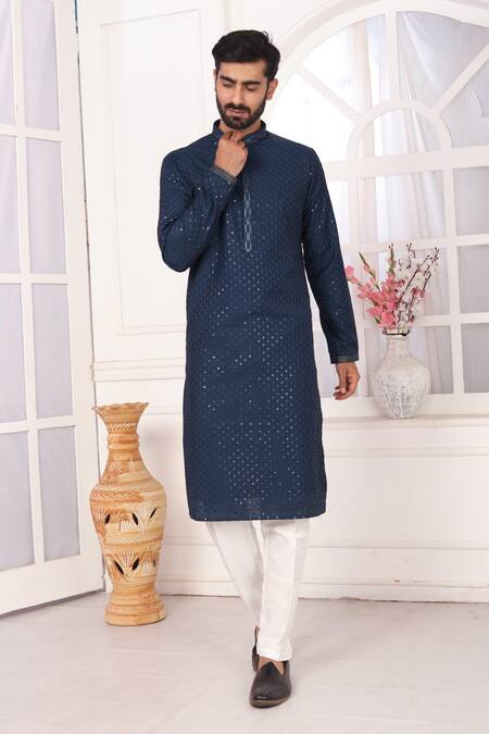 Arihant Rai Sinha_Teal Silk Embroidery Blue Kurta Set _Online_at_Aza_Fashions