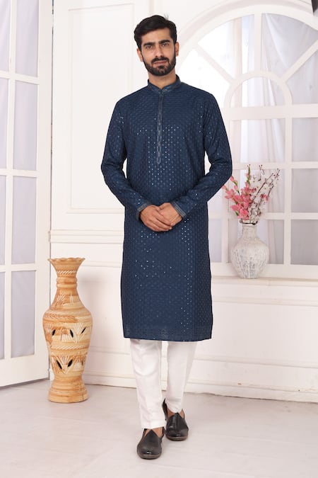 Buy_Arihant Rai Sinha_Teal Silk Embroidery Blue Kurta Set _Online_at_Aza_Fashions