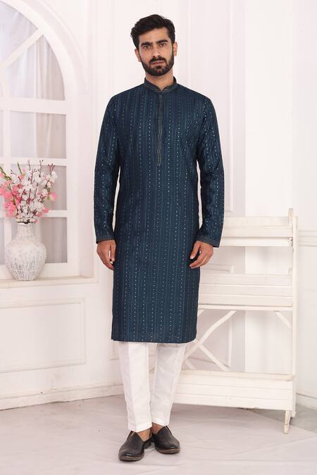 Buy_Arihant Rai Sinha_Teal Silk Embroidery Blue Kurta Set _Online_at_Aza_Fashions