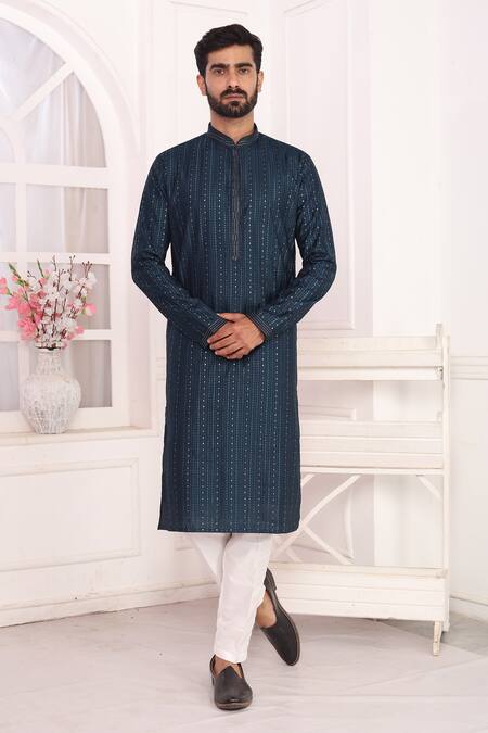 Shop_Arihant Rai Sinha_Teal Silk Embroidery Blue Kurta Set _Online_at_Aza_Fashions