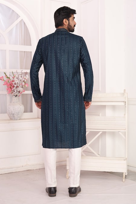 Shop_Arihant Rai Sinha_Teal Silk Embroidery Blue Kurta Set _at_Aza_Fashions