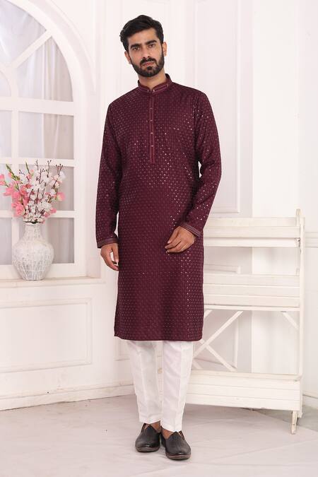 Arihant Rai Sinha_Wine Silk Embroidery Kurta Set With Aligadhi Pant _at_Aza_Fashions