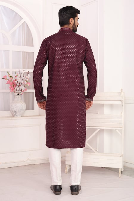 Arihant Rai Sinha_Wine Silk Embroidery Kurta Set With Aligadhi Pant _Online_at_Aza_Fashions