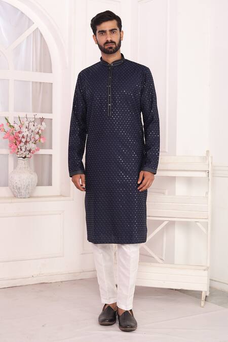 Shop_Arihant Rai Sinha_Blue Silk Embroidery Kurta Set With Off White Pant _Online_at_Aza_Fashions