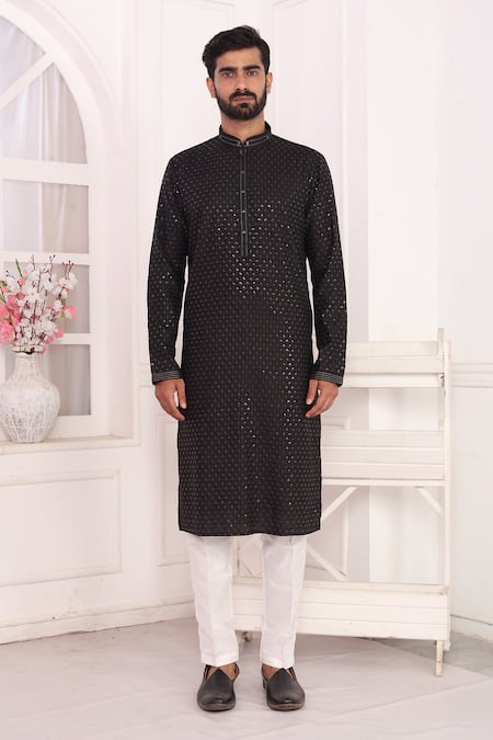 Buy_Arihant Rai Sinha_Black Silk Embroidery Kurta Set With Off White Pant _Online_at_Aza_Fashions