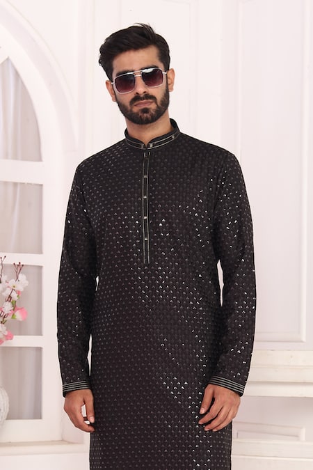 Shop Arihant Rai Sinha Black Silk Embroidery Kurta Set With Off White Pant Online at Aza Fashions Shop_Arihant Rai Sinha_Black Silk Embroidery Kurta Set With Off White Pant _Online_at_Aza_Fashions