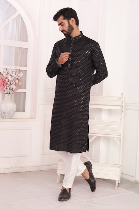 Arihant Rai Sinha_Black Silk Embroidery Kurta Set With Off White Pant _at_Aza_Fashions