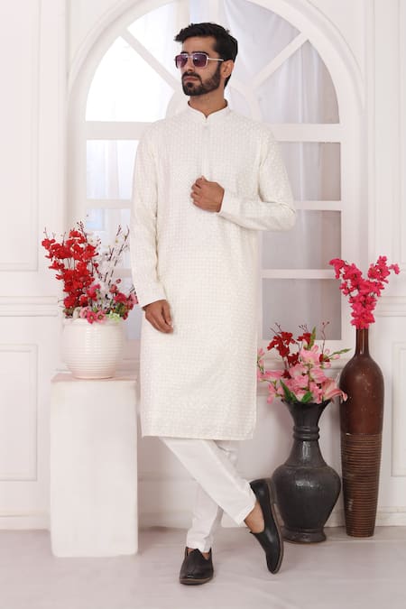 Buy_Arihant Rai Sinha_Cream Silk Embroidery Straight Kurta _Online_at_Aza_Fashions